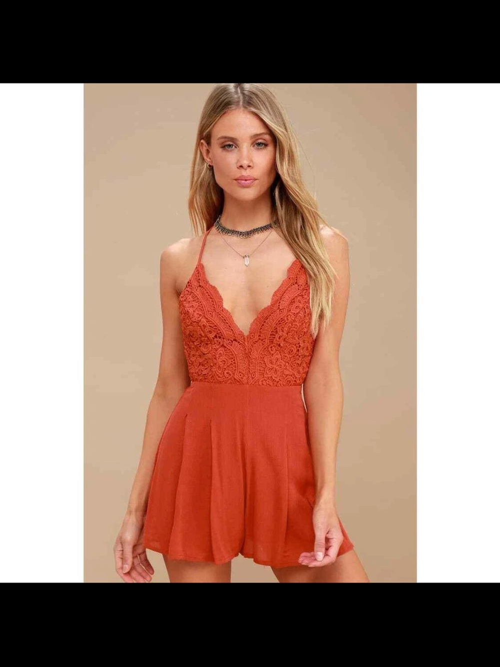 Lulus star spangled Lace-Trim Rust Red V-Neck Romper